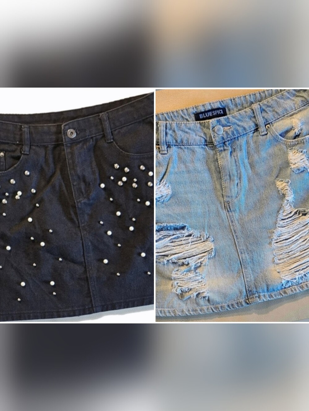 2 Mini Skirts. Black Denim Studs & Pearls & Distressed Denim